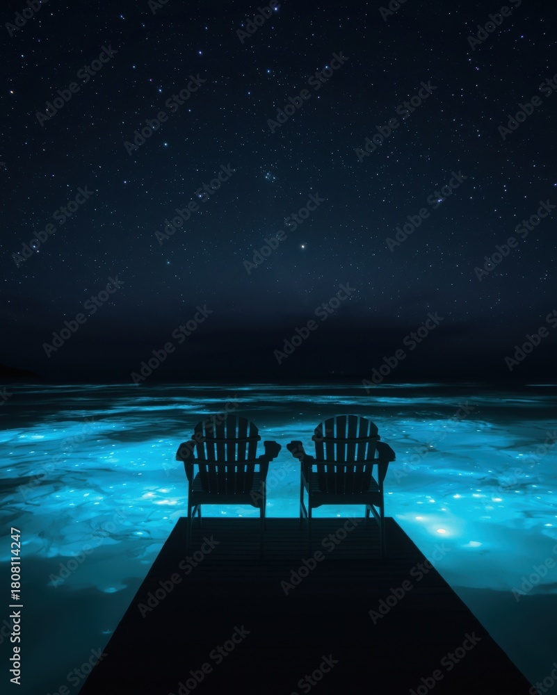 Fototapeta premium Two chairs on a pier under a starry night sky with bioluminescent water at dusk