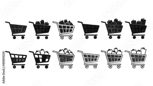 Vector illustration of shopping cart icons collection, full and empty, various styles for retail and ecommerce, isolated on white on transparent background
