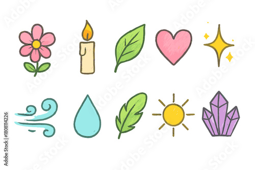 Nature doodle icon set. Hand-drawn elements in a playful, sketchy outline style.