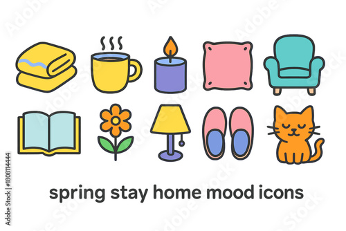 Spring stay home icon set. Cozy, relaxing home, flat icons for seasonal comfort