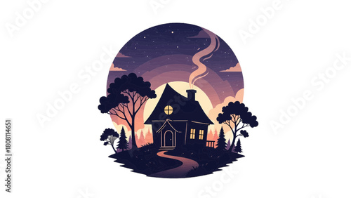 Vector illustration of stylized house in a serene nighttime landscape with trees and a path under a starry sky, isolated on white on transparent background