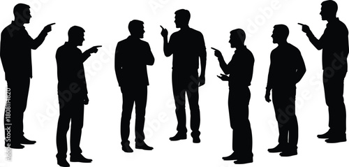 Silhouette of men pointing fingers, group interaction, conflict pose, body language, black vector art, flat illustration, cad drawing style
