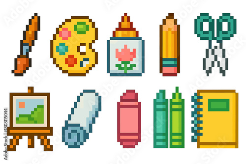 Art tools pixel art icon set: brush, palette, canvas in 3d style