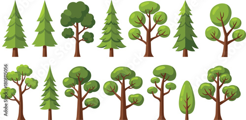 Stylized tree collection, foliage graphics, nature icons, forest elements, botanical shapes, landscape design assets, cad drawing flat vector illustration