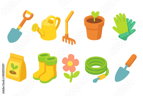 Gardening tools icon set. 3D icons featuring shovel, watering can, flower pot, gloves