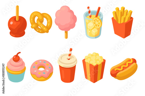 Carnival food icon set. Flat icons of snacks, sweets, and drinks for digital projects
