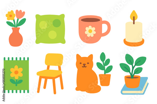 “Home decor, cozy vibe flat icon set. Plant, flower, candle, coffee cup icons collection”