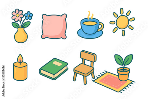 Home and comfort icon set: outline style for relaxation and cozy living