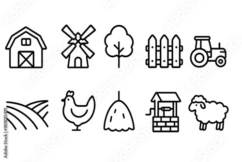 Farm, agriculture outline icon set. Barn, tractor, windmill, animal icons collection