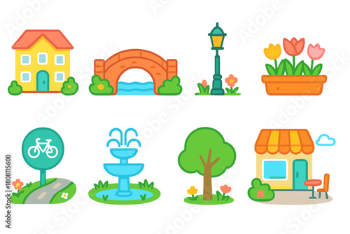Garden, outdoor linear icon set. Gardening, nature, park, landscape, greenery icons collection