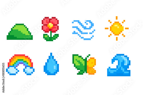 Nature, elements pixel icon set. Retro, environment, weather symbols in pixelated style