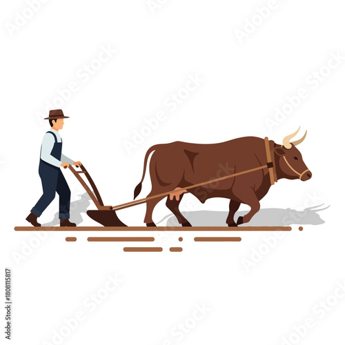 Farmer plowing field with ox, tilling soil, agricultural farm labor