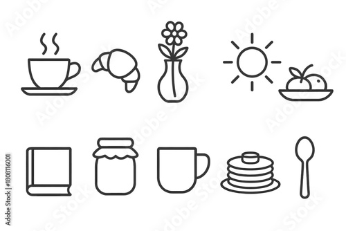 Breakfast and kitchen flat icon set. Coffee, food, and cooking tools icons collection