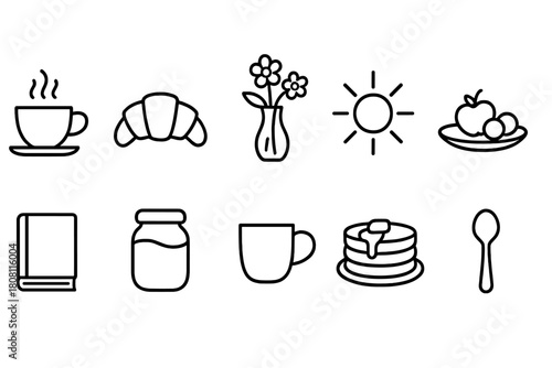 Breakfast and kitchen line icon set. Morning meal and cooking outline collection