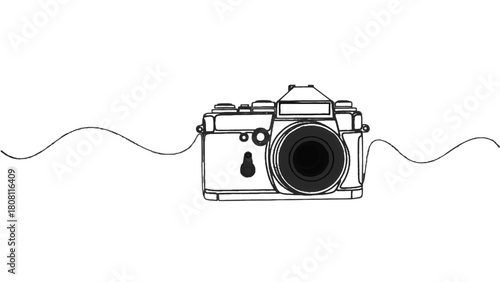 Vector illustration of continuous line art drawing of a vintage film camera, photography concept, isolated on transparent background 
