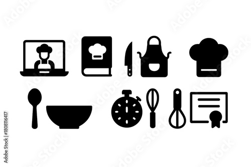 Cooking, kitchen silhouette icon set for culinary projects and recipe design