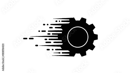 Vector illustration of fast moving gear icon with speed lines, representing quick process, efficiency, or rapid development isolated on white on transparent background
