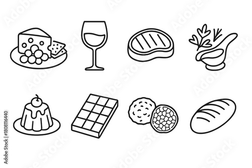 Culinary delights outline icon set. Food, beverage, gourmet bowl icons collection