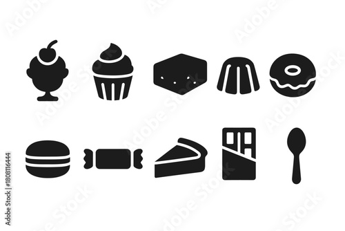Dessert food silhouette icon set. Sweet treats and confectionery icons collection.