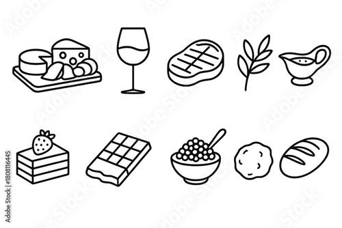 Food and drink outline icon set. Culinary, dining, gourmet icons outline collection