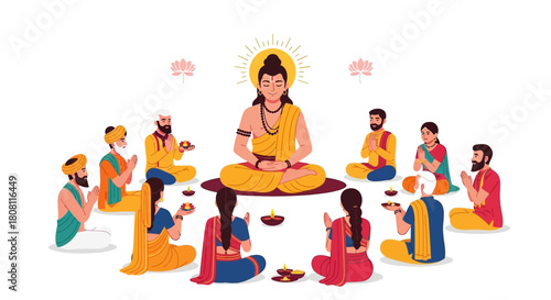 Spiritual Gathering Illustration Featuring a Wise Guru Meditating with Devotees in a Peaceful Ceremony, Embodying Wisdom and Community