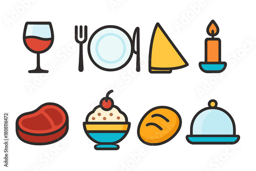 Dining and food flat icon set. Restaurant, meal, culinary symbols flat collection