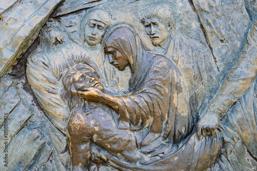 Station XIV: Jesus is laid in the tomb. The Way of the Cross on Mount Križevac (the Cross Mountain) in Medjugorje.