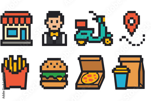 Fast food flat icon set. Restaurant, meal, drink icons collection with bold colors.