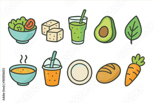 Vegan, vegetarian flat icon set. Healthy foods, plant-based diet, organic lifestyle icons.