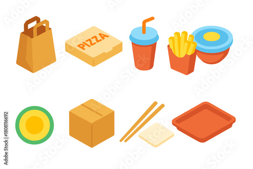 Fast food delivery icon set. Flat icons of pizza, fries, and beverage collection