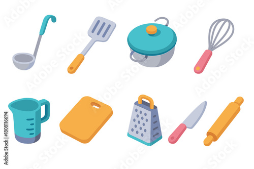 Kitchen utensils 3d icon set. Cooking tools and gadgets collection in vibrant 3d style