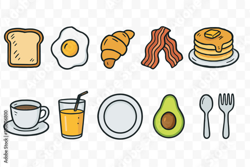 Breakfast foods icon set. Flat style food icons for morning meals and cafes