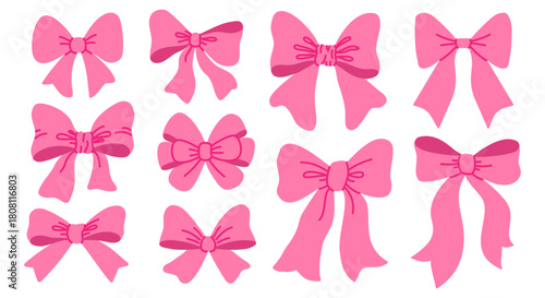 Set of pink vintage ribbon bows. Collection of elegant girly bows in simple line and flat style. Bows for hair decorations, flat icons. Ribbons isolated. Fashionable accessories.