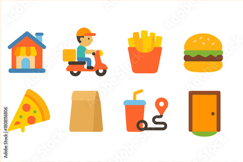Food delivery flat icon set. Fast food, delivery, takeout, restaurant icons collection.