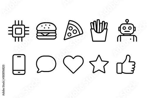Technology, food outline icon set. Gadgets, fast food icons outline collection