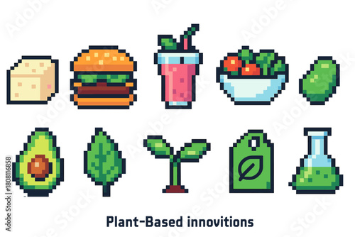 Plant-based nutrition pixel icon set. Vegan, vegetarian foods in pixelated style