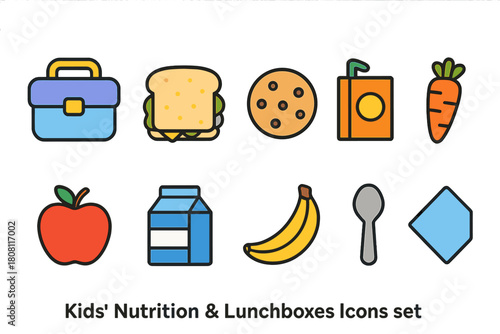 Kids' nutrition and lunchbox flat icon set for healthy eating
