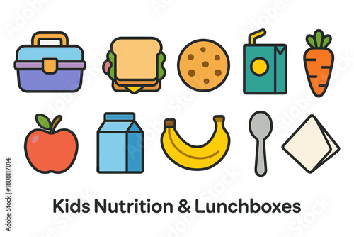 Kids nutrition and lunchboxes icon set with colorful flat style food illustrations