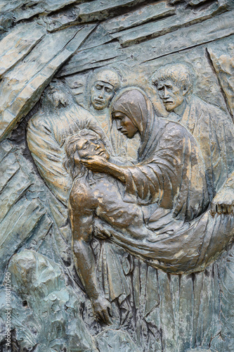 Station XIV: Jesus is laid in the tomb. The Way of the Cross on Mount Križevac (the Cross Mountain) in Medjugorje.