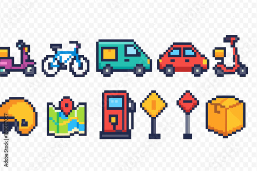 Delivery and transportation icon set. Vibrant pixel art icons in flat style