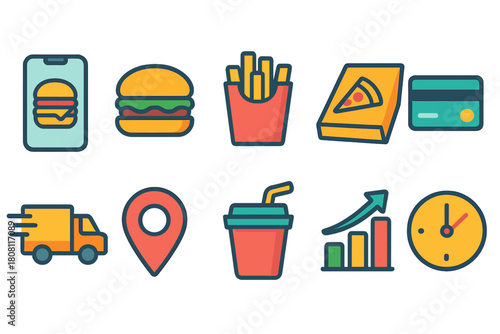 Food delivery flat icon set. Fast food, navigation, and payment icons flat collection