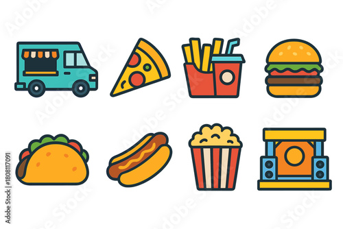 Street food solid icon set. Delicious fast food icons in a bold solid style