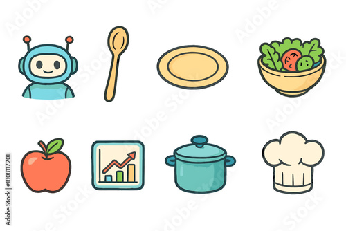Food and technology 3d icon set. Kitchen, cooking, robot, and salad 3d icons collection