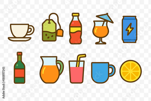 Beverage icon set. Refreshing drinks flat icons for cafes and menus