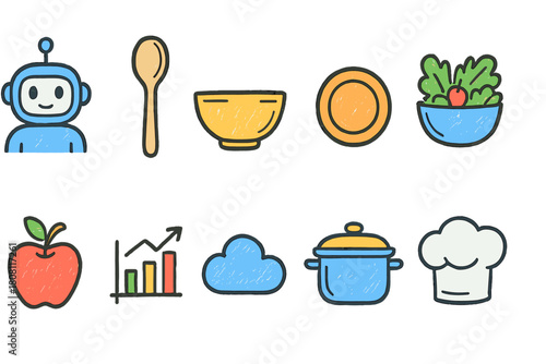 Cooking essentials flat icon set. Kitchen utensils and food icons flat collection.