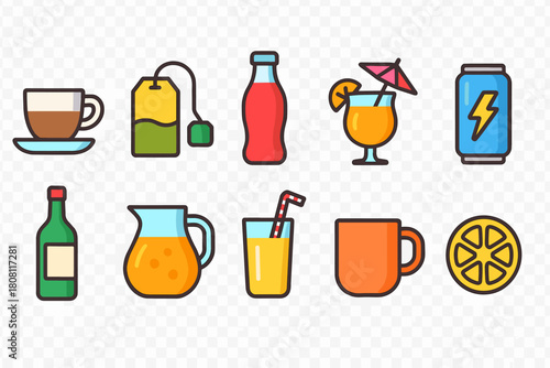Beverage and drink flat icon set. Coffee, tea, juice, soda icons collection