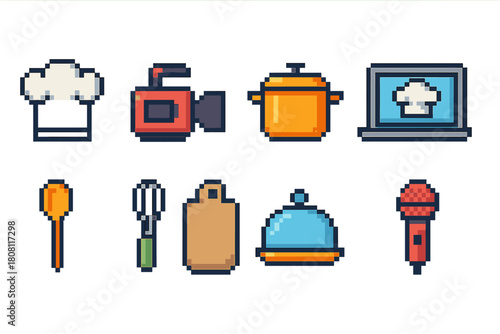 Cooking, kitchen pixel icon set. Chef, utensils, food prep icons in pixel style