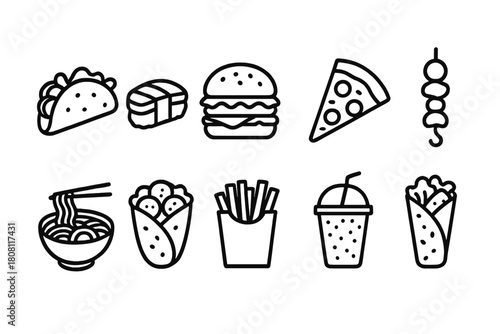 Food and drink line icon set: fast food and snacks outline collection