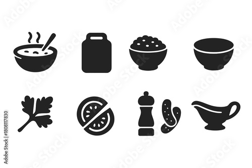 Restaurant silhouette icon set. Kitchenware, food, cooking tools silhouettes collection
