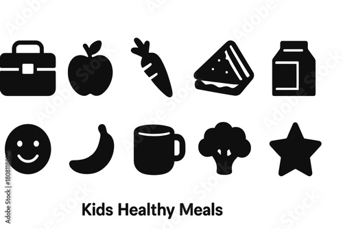 Kids' healthy meals solid icon set. Nutrition, food, and drink icons collection